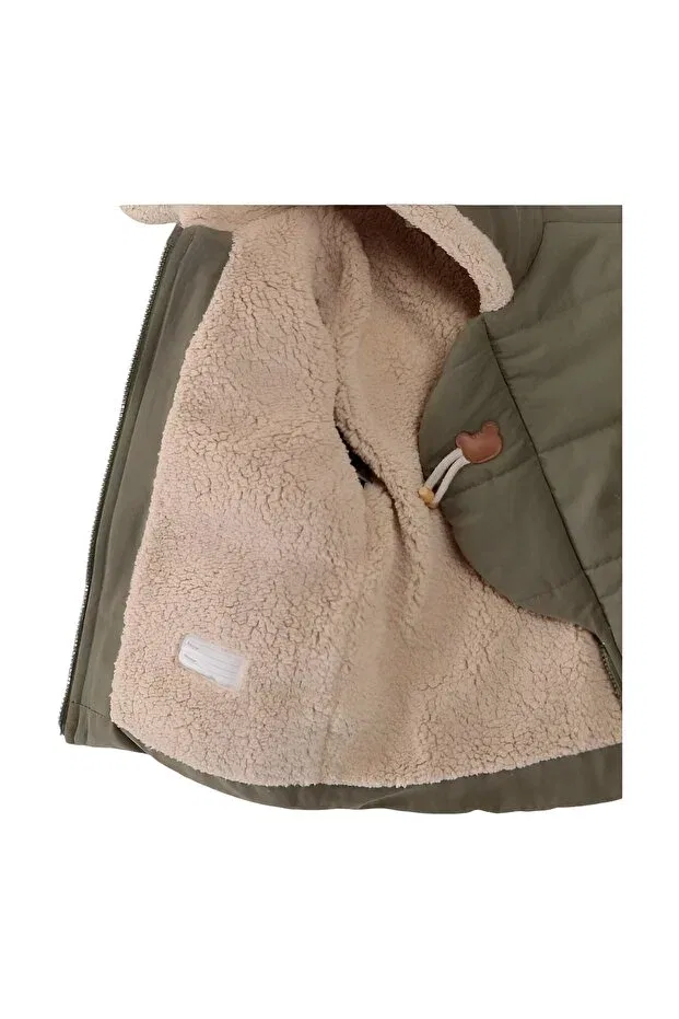 Детское пальто для девочек с капюшоном Çaren kids-shepherd button detailed welsoft (furry) unisex coat Mdm, Khaki — фото 2