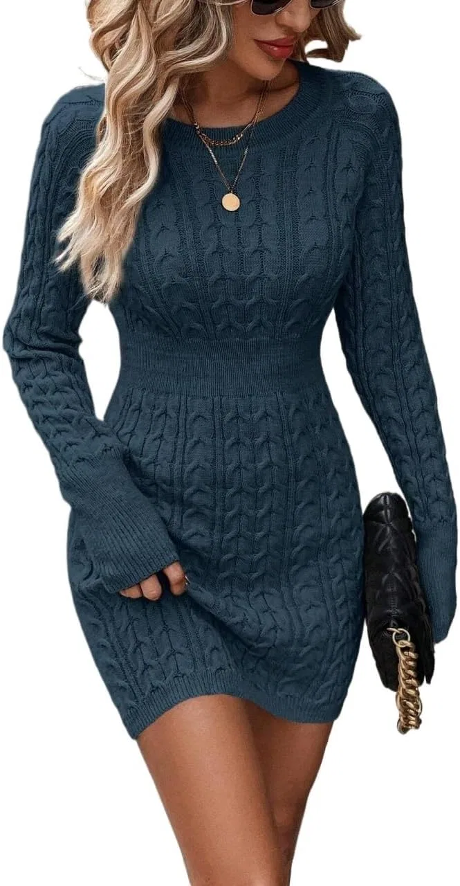 Женское трикотажное платье-свитер с круглым вырезом, Navy Blue