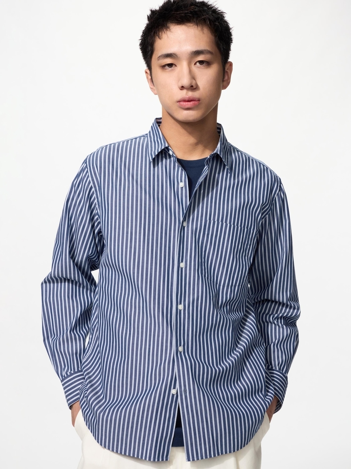 Рубашка Uniqlo Broadcloth Striped Regular Collar Unisex, 68 синий — фото 2