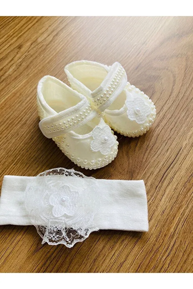 Детские пинетки с цветочным узором Pearl Booties Leylek, Ecru