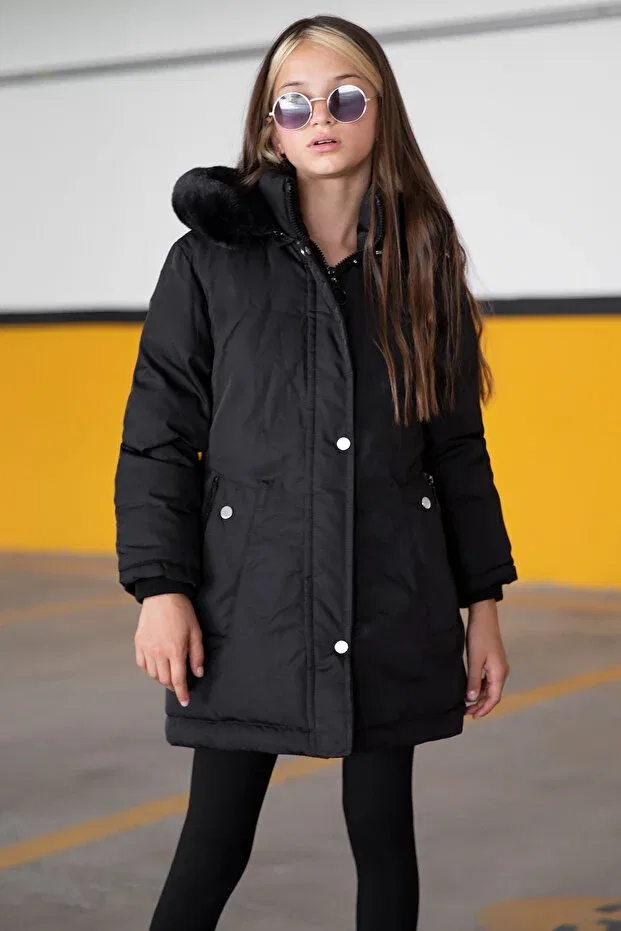 Детское пальто для девочек с меховой отделкой Cansın Mini, Black