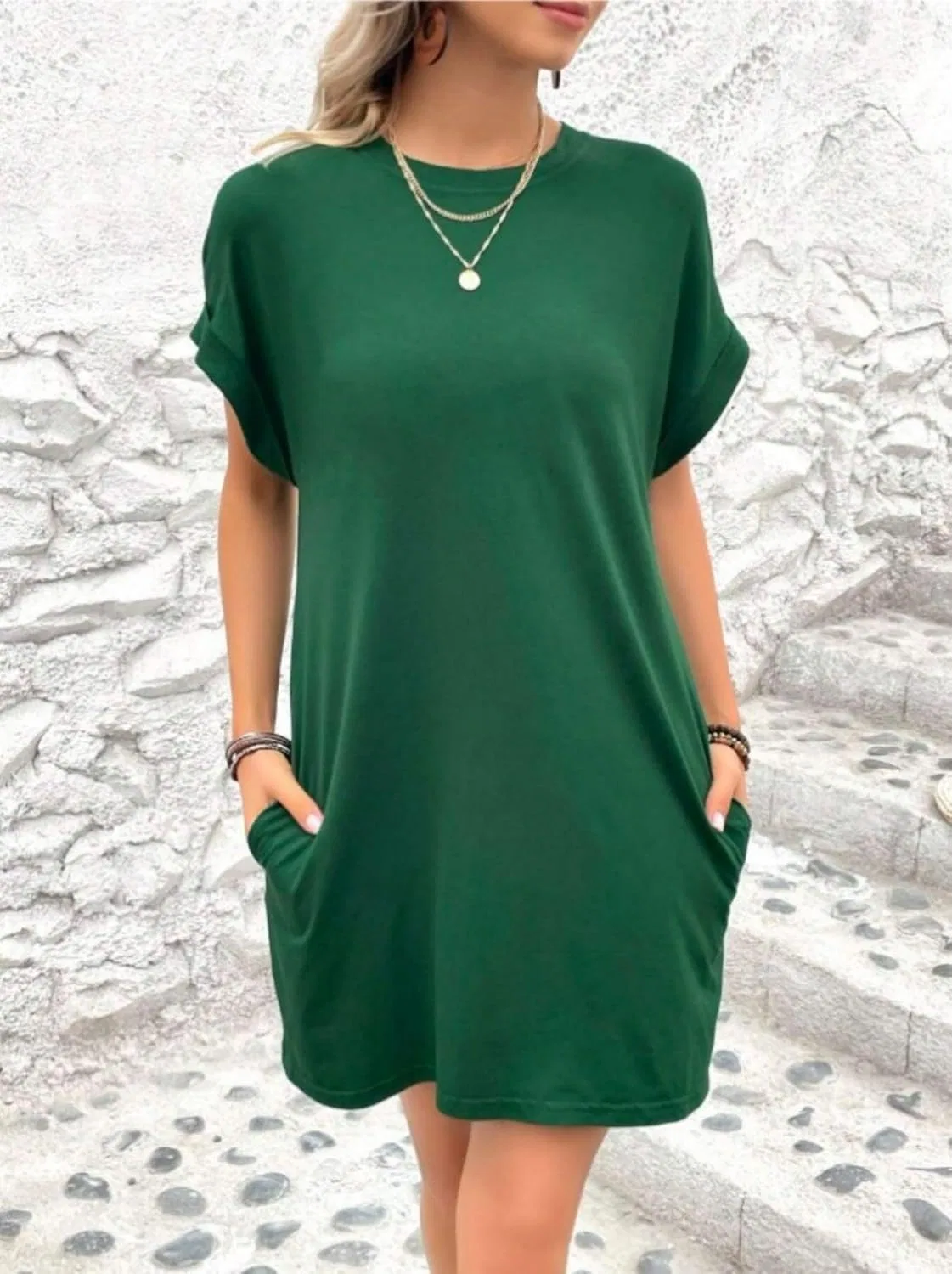 Женское летнее платье-футболка свободное мини, Dark Green — фото 3