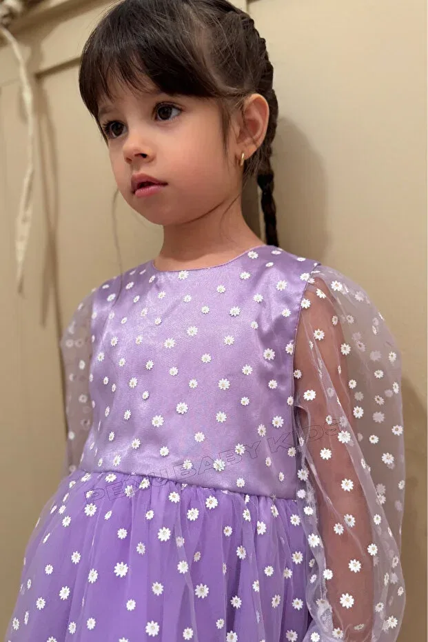 Детское платье для девочек с принтом Lilac Floral Patterned Tulle Skirt and Three Quarter Tulle Sleeve Baby Girl & Girl's Dress - Flower Penu Baby Kids, Lilac — фото 3