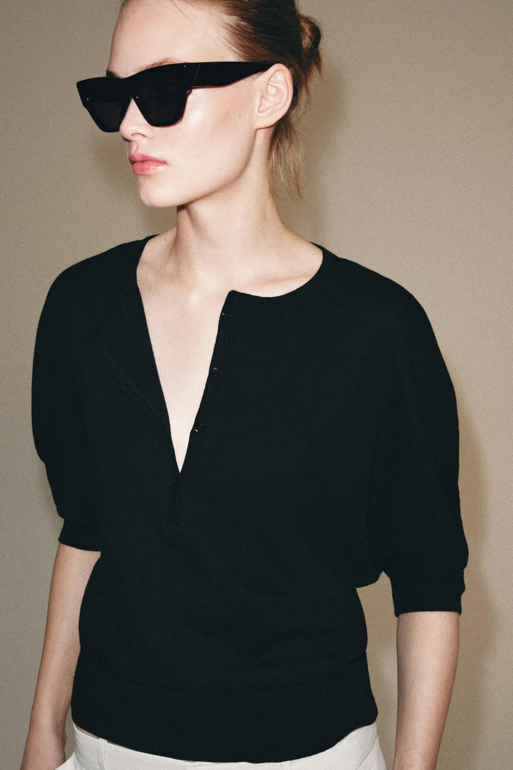 Хлопковая футболка Henley ZARA, Black — фото 2