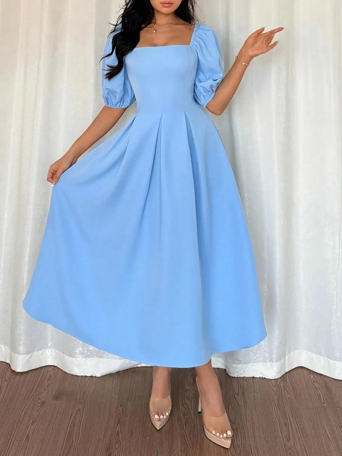 Женское элегантное платье миди A-силуэта с пышными рукавами, Blue — фото 4