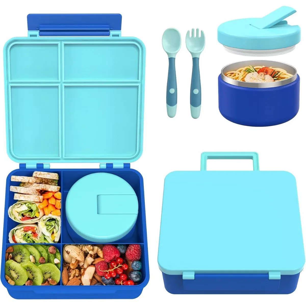 Контейнер для еды детский 8 см с термосом 0,24 л 4-секционный набор Kids Bento Lunch Box with 8oz Soup Thermo LEVEN SIXTEEN, Blue