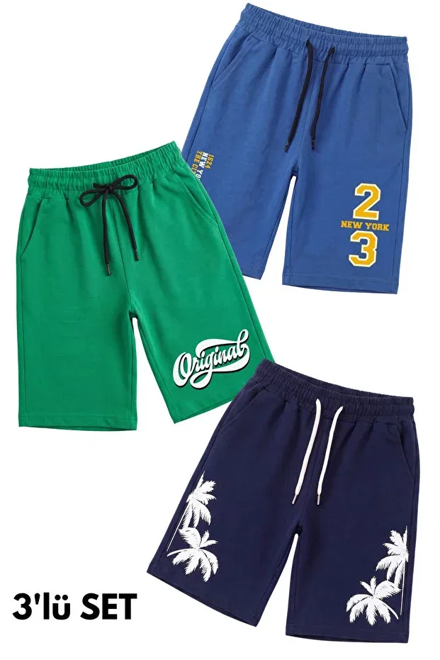 Детские шорты-капри для мальчиков с принтом 3-комплект Ya Ko Kids, Blue-Green-Navy Blue
