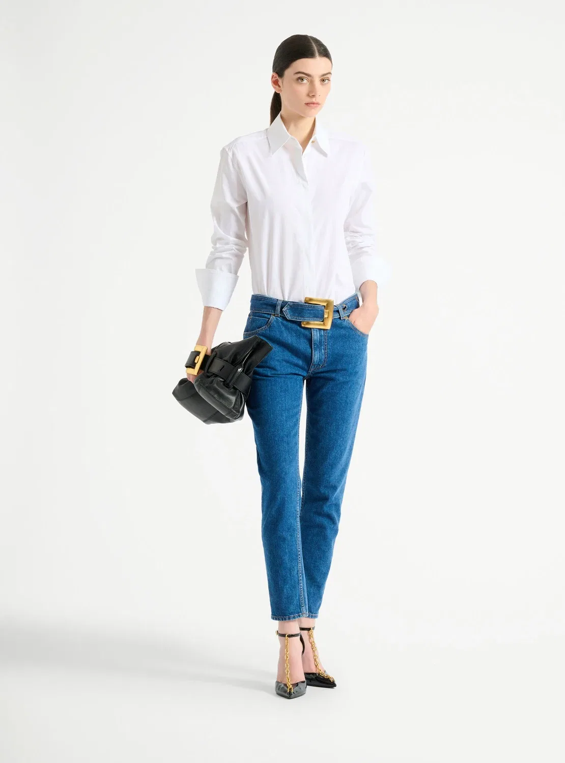Джинсы из денима с поясом BALMAIN, синий — фото 2
