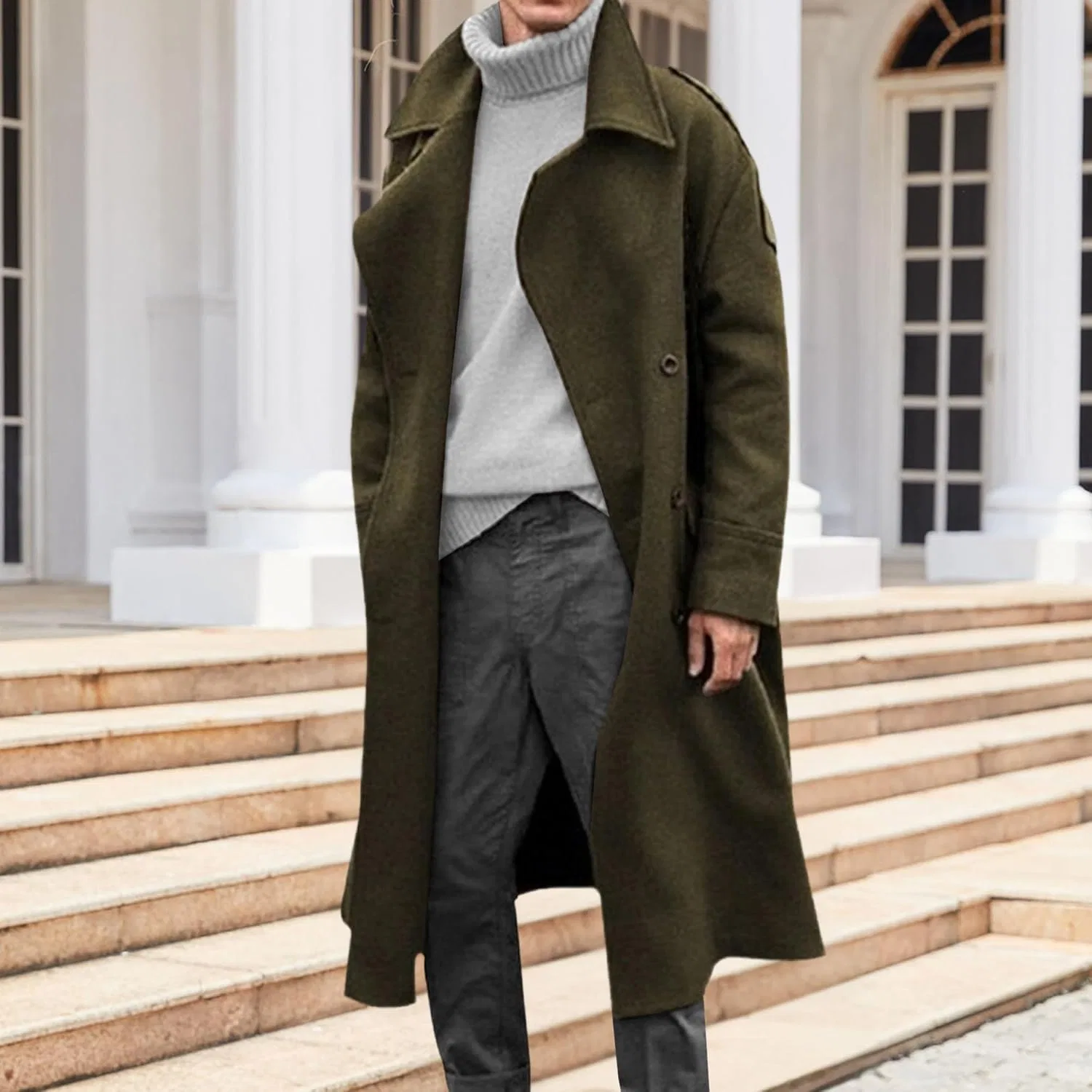 Мужское длинное пальто-тренч с классическим отложным воротником, Oversized, армейский зелёный — фото 2