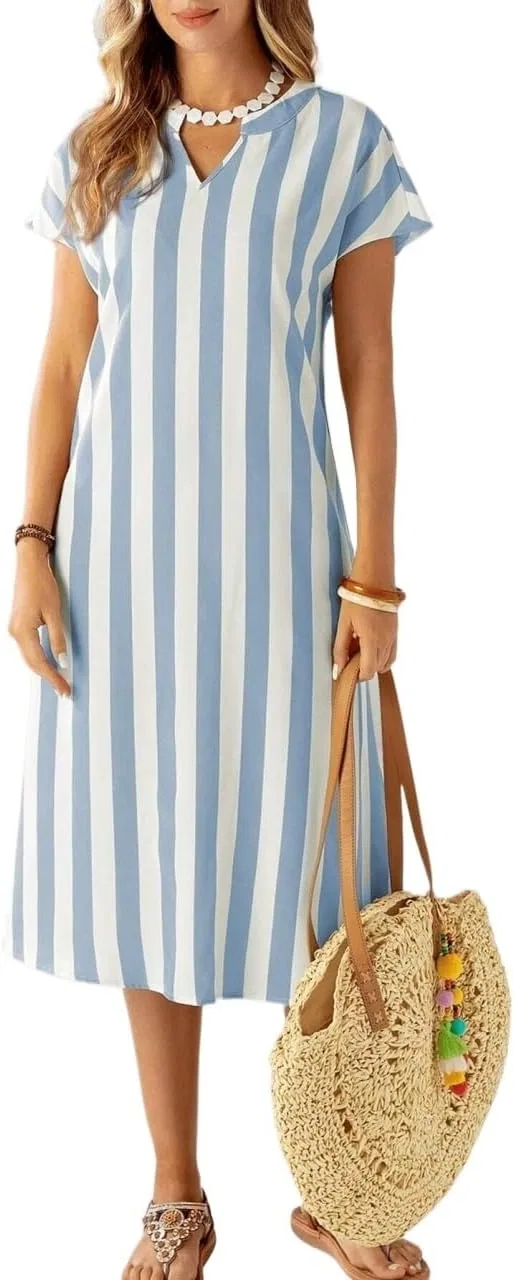 Женское летнее платье миди с вырезом и полоской, Blue and White