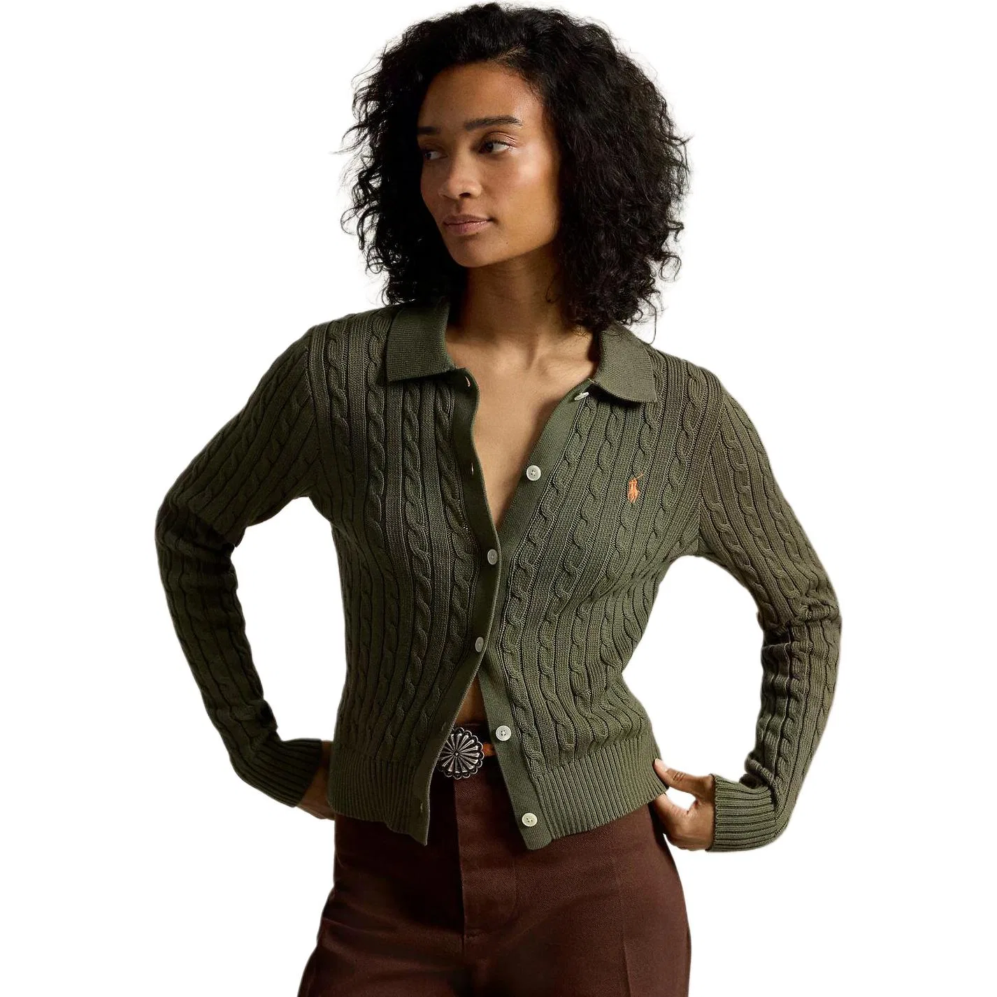 Женский свитер с воротником-поло Dark Olive Green Polo Ralph Lauren, Темно-оливковый — фото 4