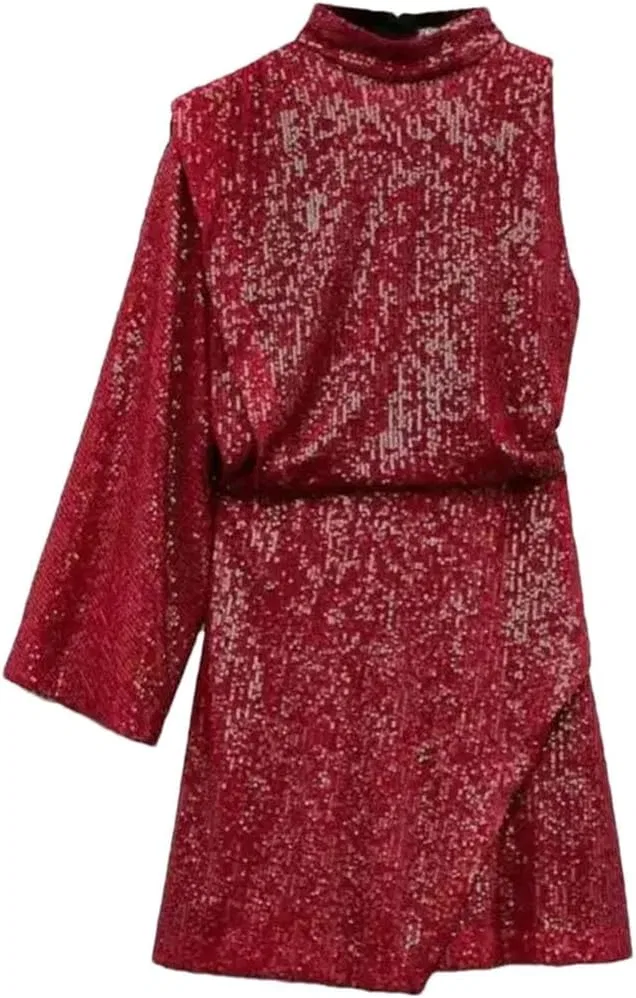 Женское мини-платье с пайетками и асимметричным кроем, Red