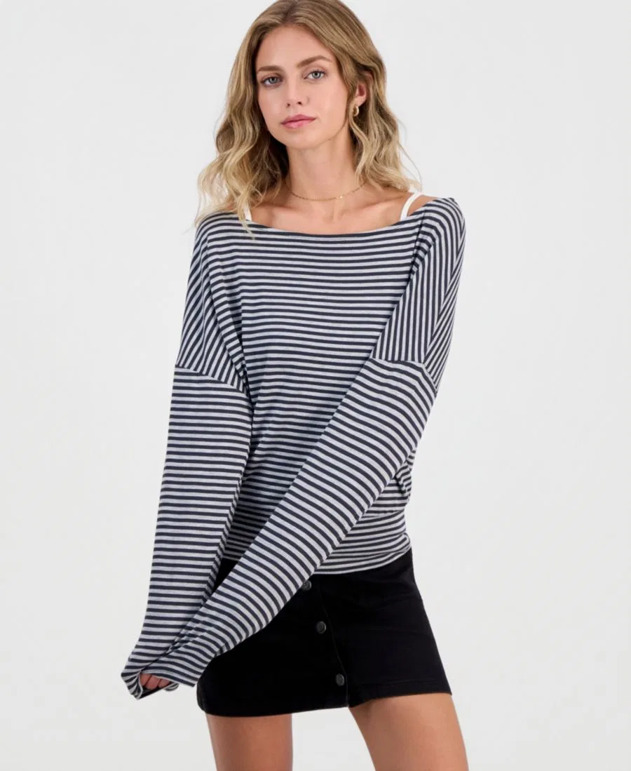 Топ с длинным рукавом-долман и контрастными лямками Hippie Rose, Grey Charcoal Stripe