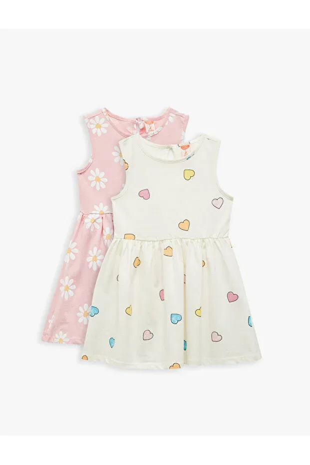 Детский комплект платьев для девочек с принтом Heart and Flower Pattern Koton, Pink Patterned