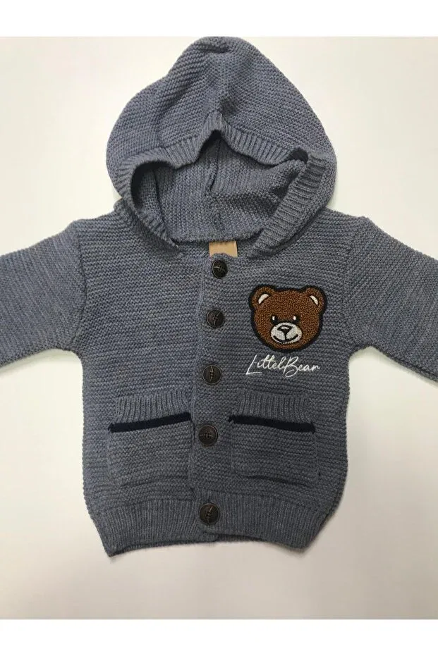 Детский кардиган для мальчиков с принтом Winter Knitwear Bear Patterned Hooded Button Pocket Boy Sweatshirt Cardigan Baby Slon Kids Clup, Indigo — фото 2