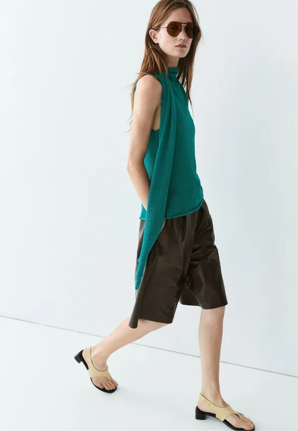 Топ с шарфом из бумаги, хлопка и вискозы High neck top with scarf detail Massimo Dutti, turquoise, бирюзовый — фото 3