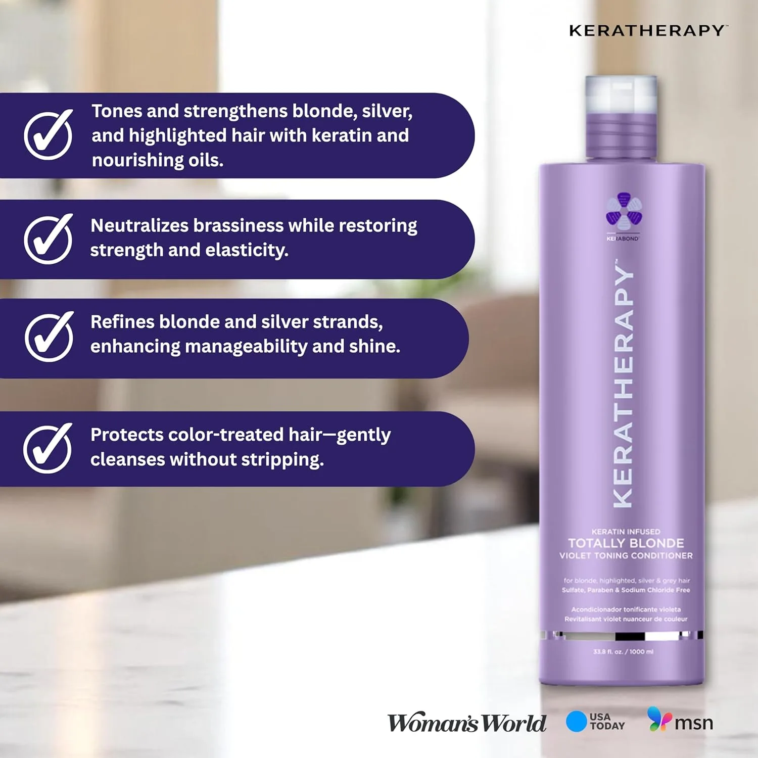 KERATHERAPY Totally Blonde Violet Toning Conditioner, 1000 мл, с кератином для блонда, седых и мелированных волос, без сульфатов и парабенов, purple — фото 3