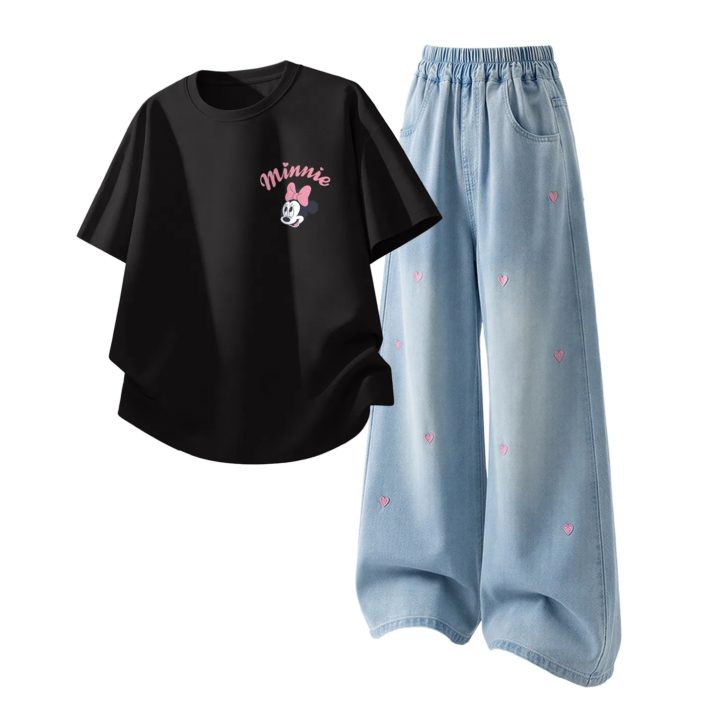 Детская повседневная спортивная футболка с круглым вырезом Disney, Diagonal K Black+Solid Color Denim Light Blue