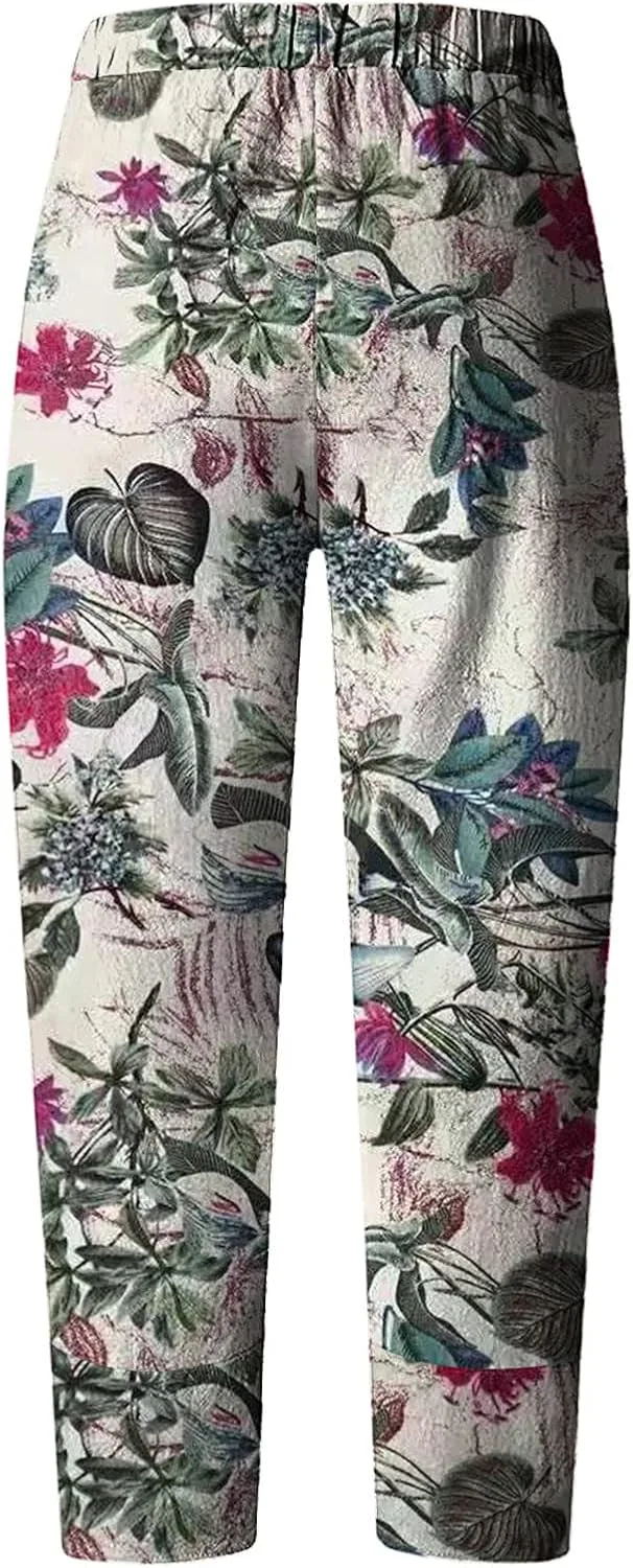 Женские брюки-капри для лета, пляжа, в стиле бохо, модные, нарядные, повседневные, свободного кроя, с эластичным поясом, укороченные до щиколотки Generic, розовый — фото 4