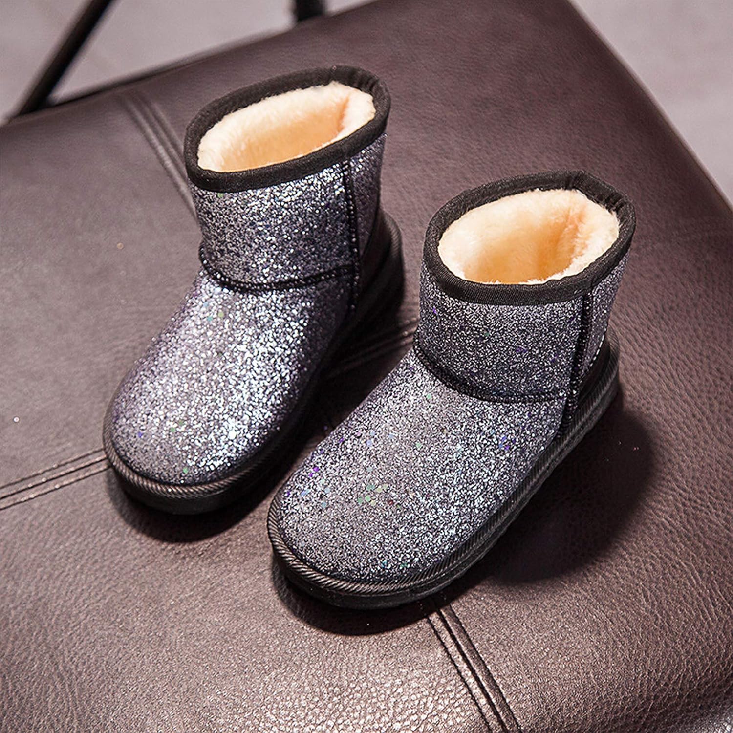 Techcity Boys Girls Winter Warm Snow Boots Sequin Fur Lined Waterproof Boot Glitter Princess Outdoor Shoes(Toddler/Little Kid), Glitter Grey — фото 2