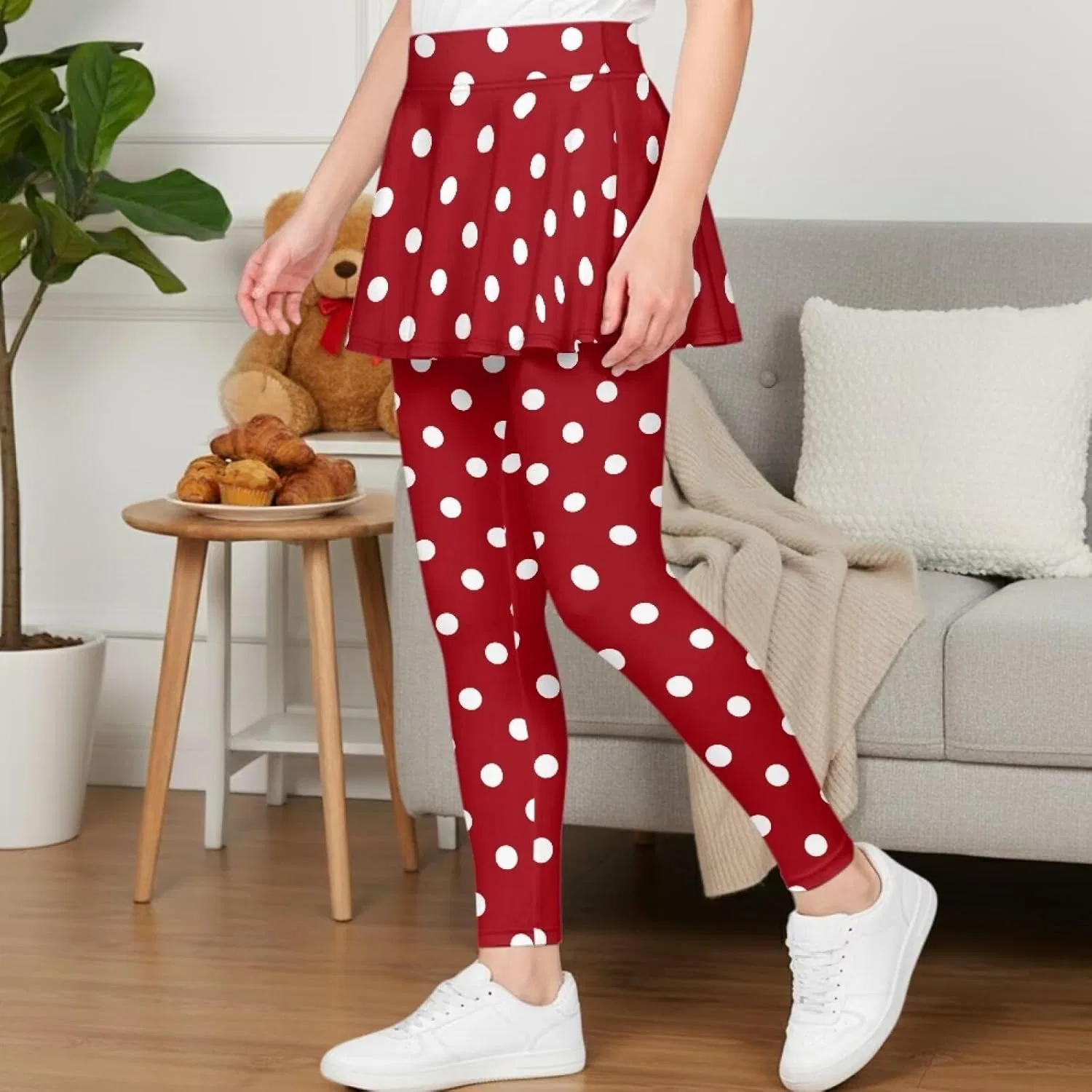 Леггинсы с юбкой для девочек Hresuewn, 2-в-1, цвет White Polka Dot-burgundy — фото 3