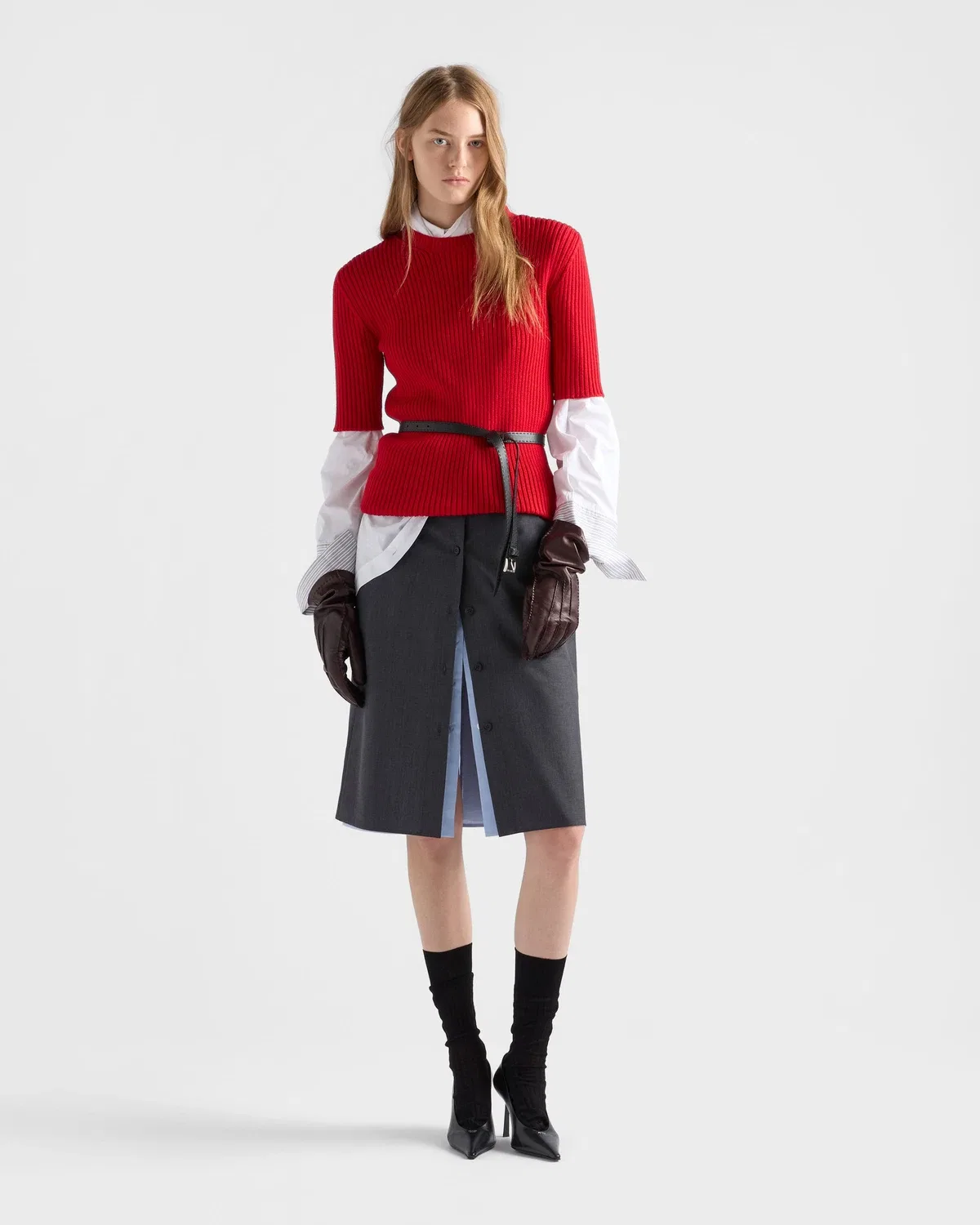 Укороченный свитер в рубчик Prada, красный — фото 2