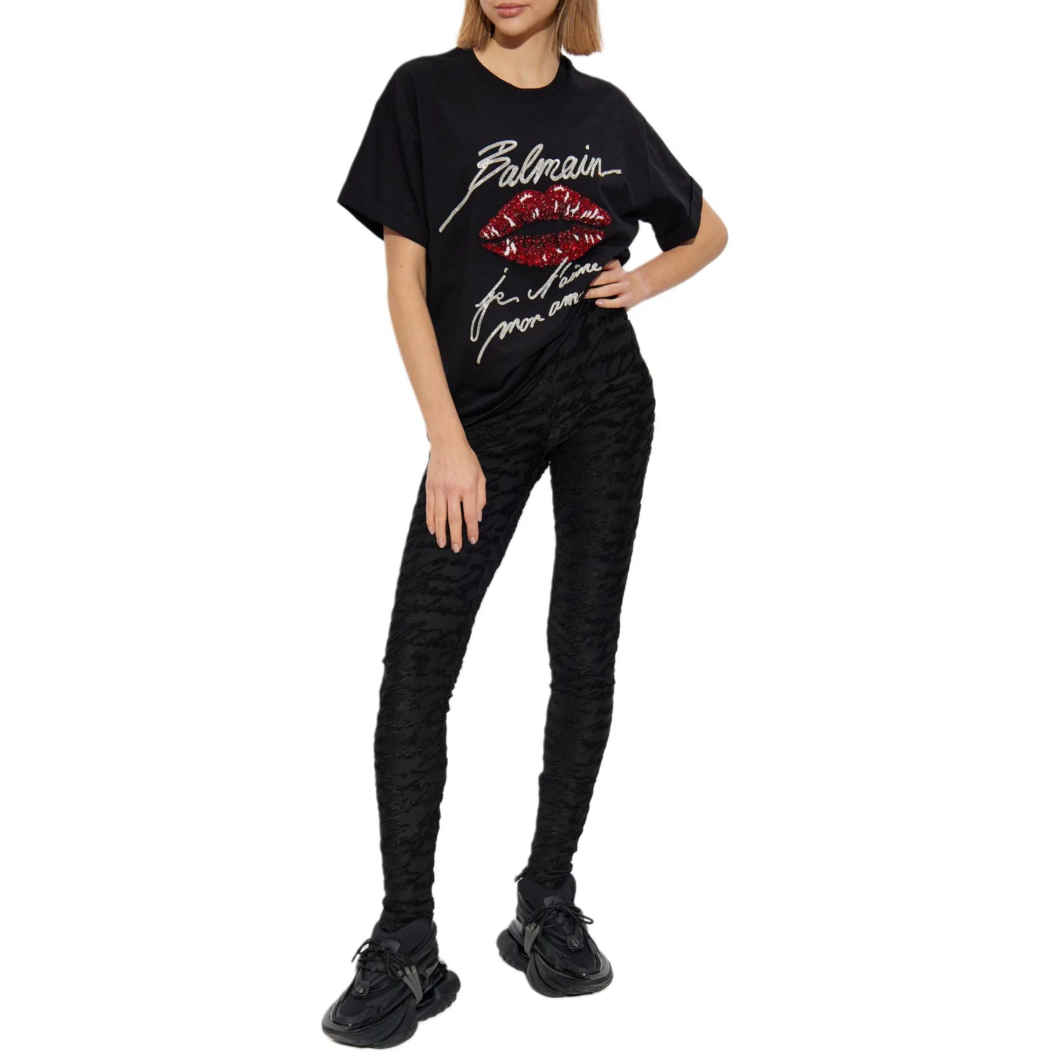 Женская футболка с принтом Logo Embellished Crewneck BALMAIN, Black — фото 3