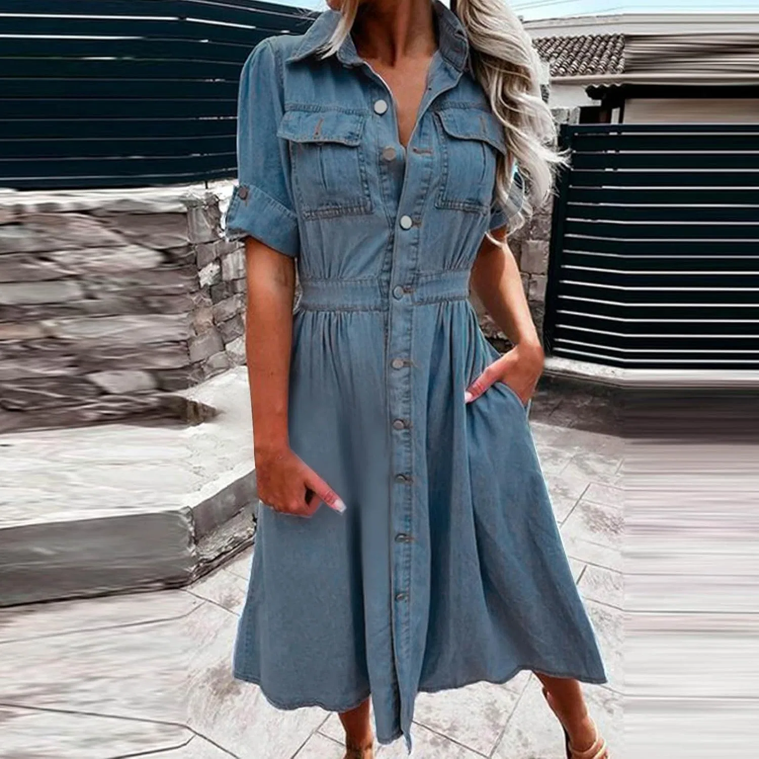 Женское джинсовое платье-рубашка оверсайз с потертостями, Blue — фото 2