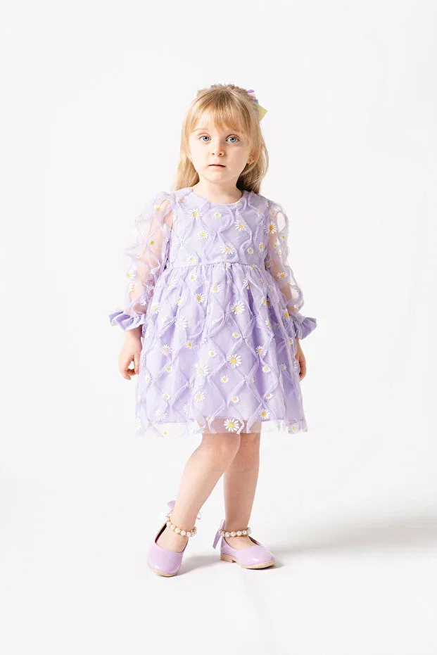 Детское платье для девочек хлопковое Alyssa baby girl kids cotton lined daisy printed fluffy tulle dress Banamio, Lila