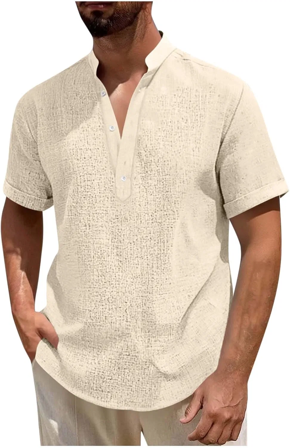 Мужская льняная рубашка-поло с коротким рукавом Solid Button Tee, Khaki