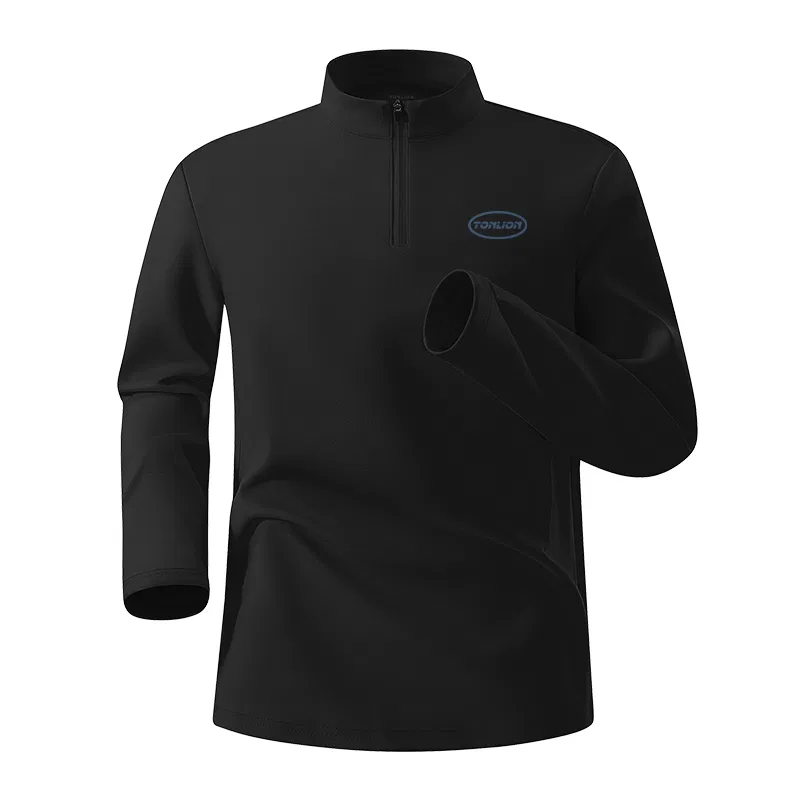 Детский лонгслив с воротником-стойкой и полумолнией Tonlion, Цвет: [Quick-drying long-sleeved T-shirt] Light Beige (with blue English logo on the chest) — фото 4