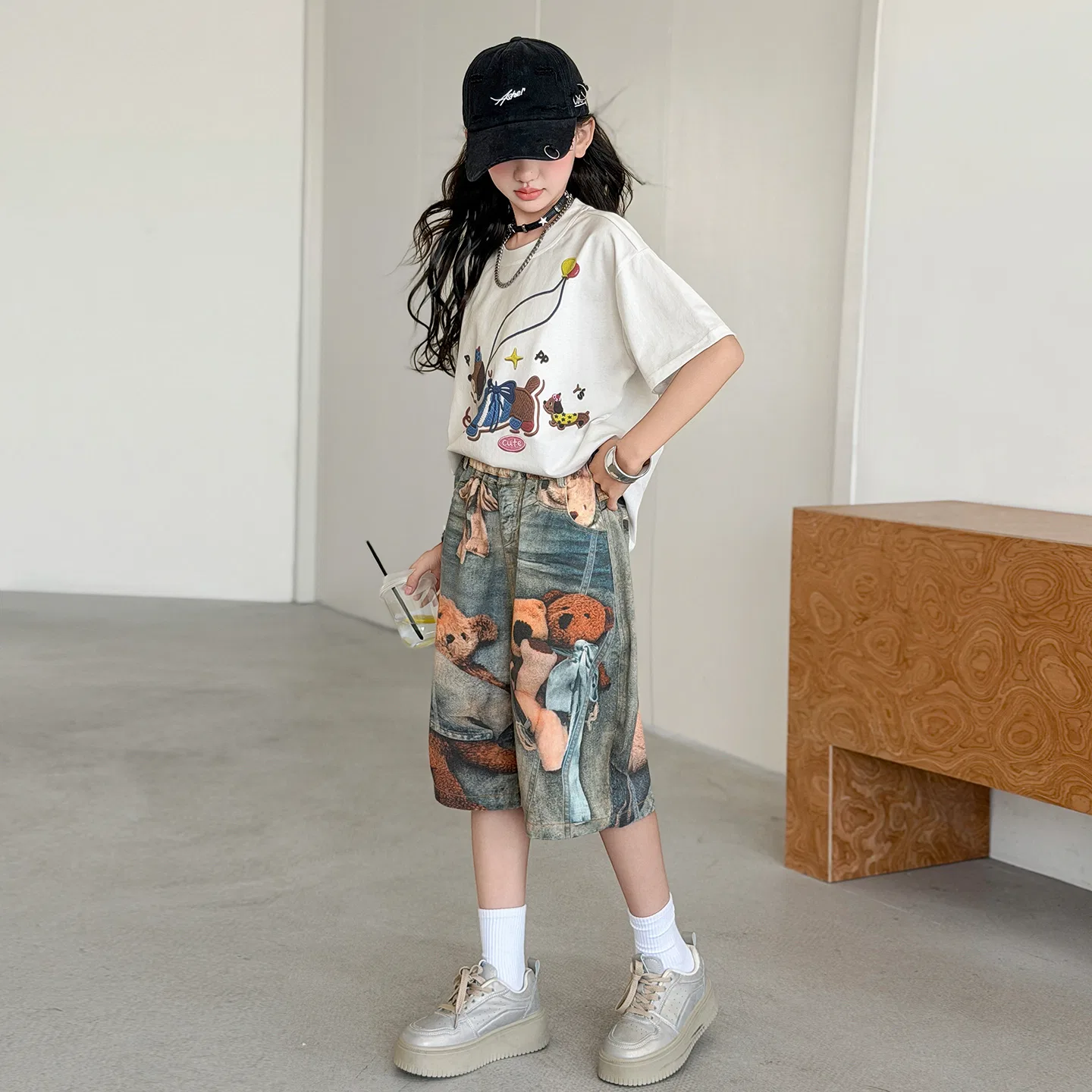 Детские джинсы-капри с принтом Bear Print Capri Pants TNTX — фото 3