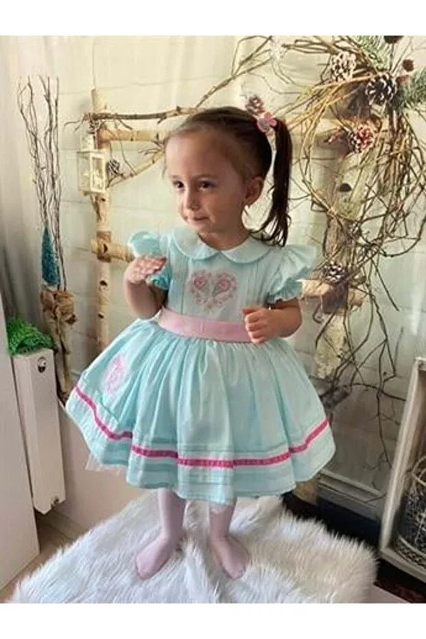 Детское платье для девочек кружевное Heart Patterned Blue Baby Girl Dress Hly Karol Tasarım, Green — фото 4