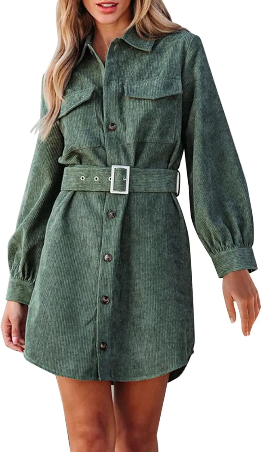Кордюровая рубашка-платье Women Fall Fashion с длинным рукавом на пуговицах, классическое деловое повседневное платье-туника с поясом Generic, зеленый