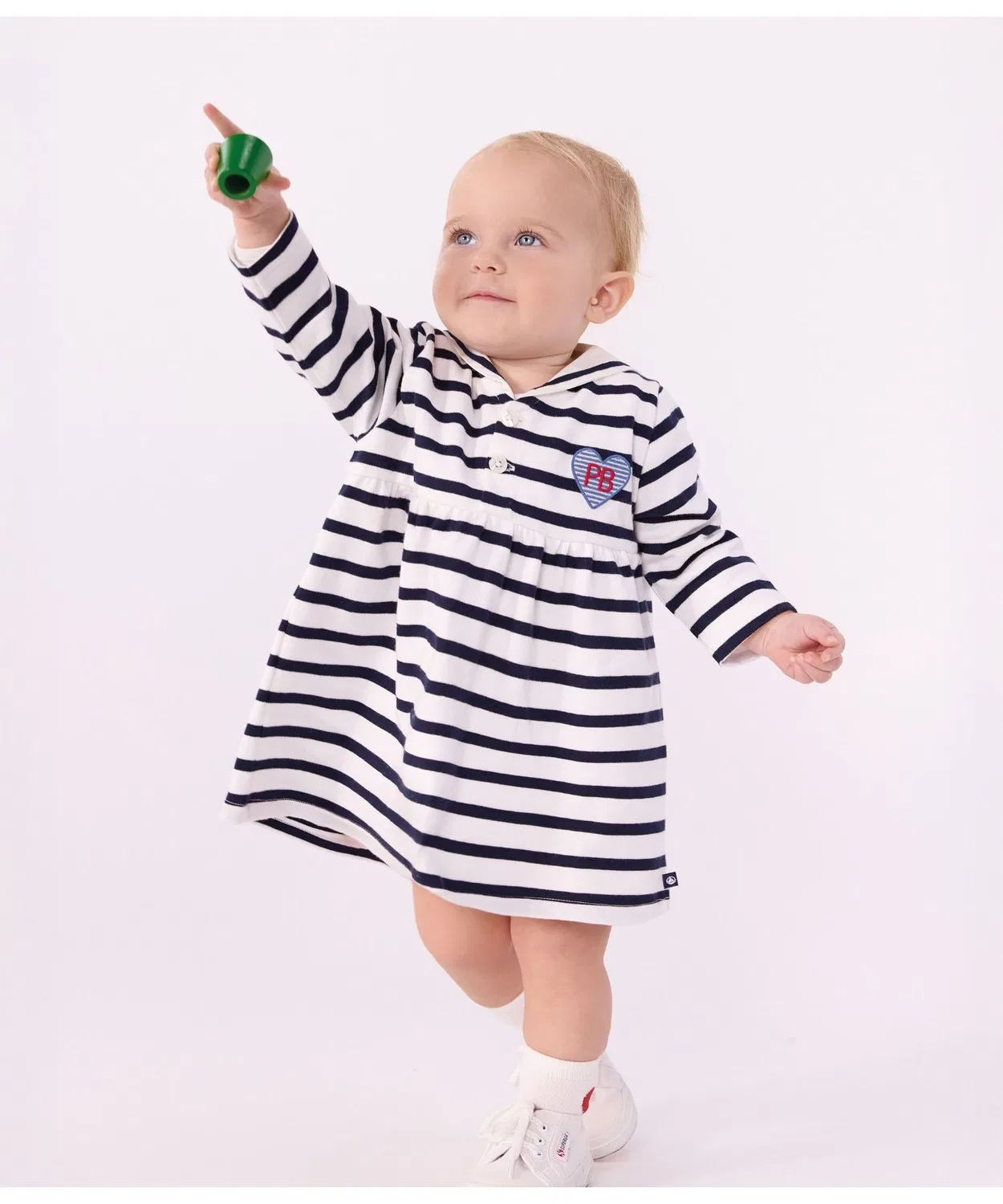 Детское платье с матросским воротником Petit Bateau, Белый/Темно-синий — фото 2
