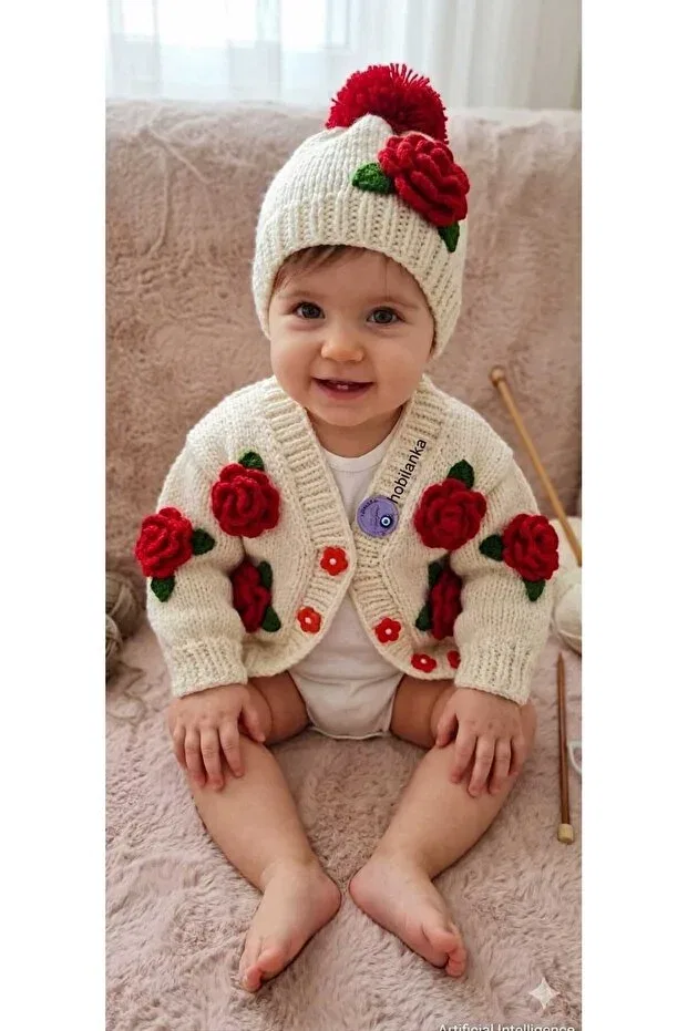 Детский кардиган для девочек с принтом Hand-Knitted baby cardigan handmade Hobilanka, Nude Color — фото 2
