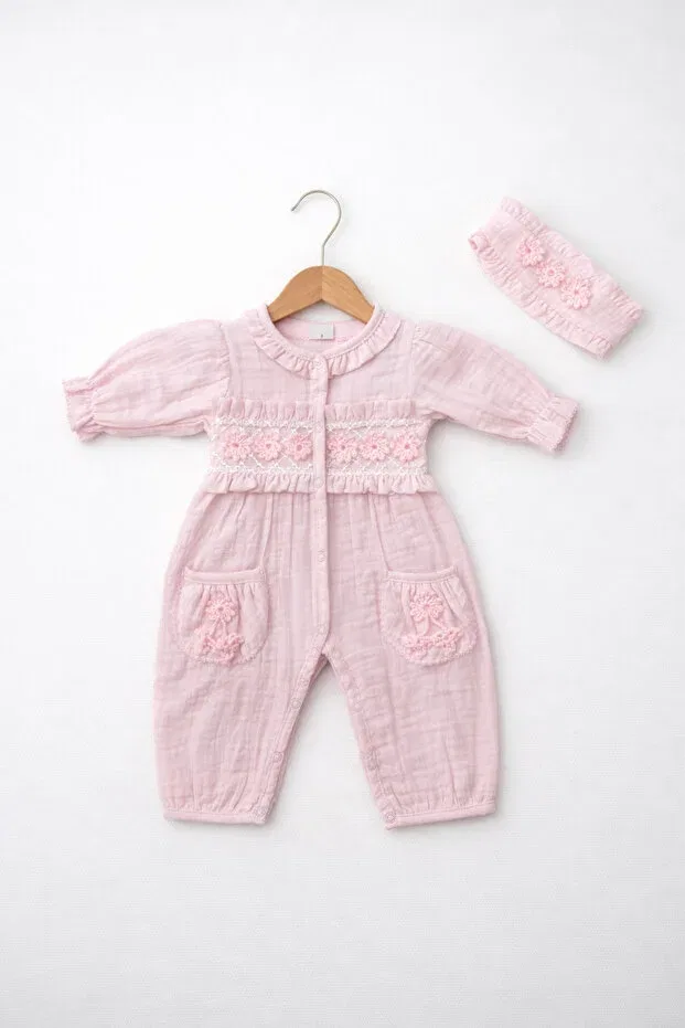 Детский комбинезон для девочек хлопковый Floral Detailed Muslin Kardeşler Bebe, Pink