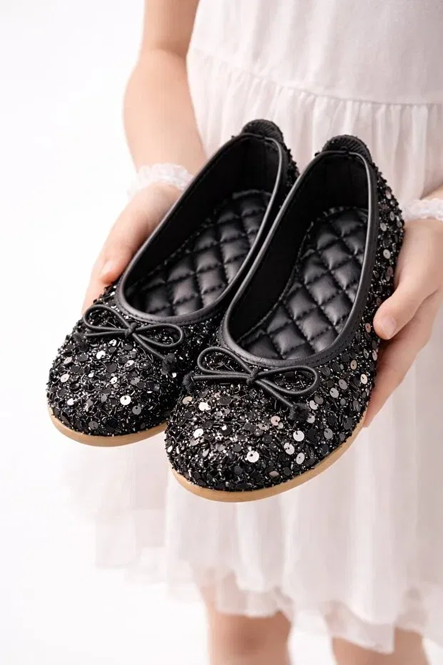 Детские балетки для девочек с бантом Slipcat, Sequined Black — фото 2