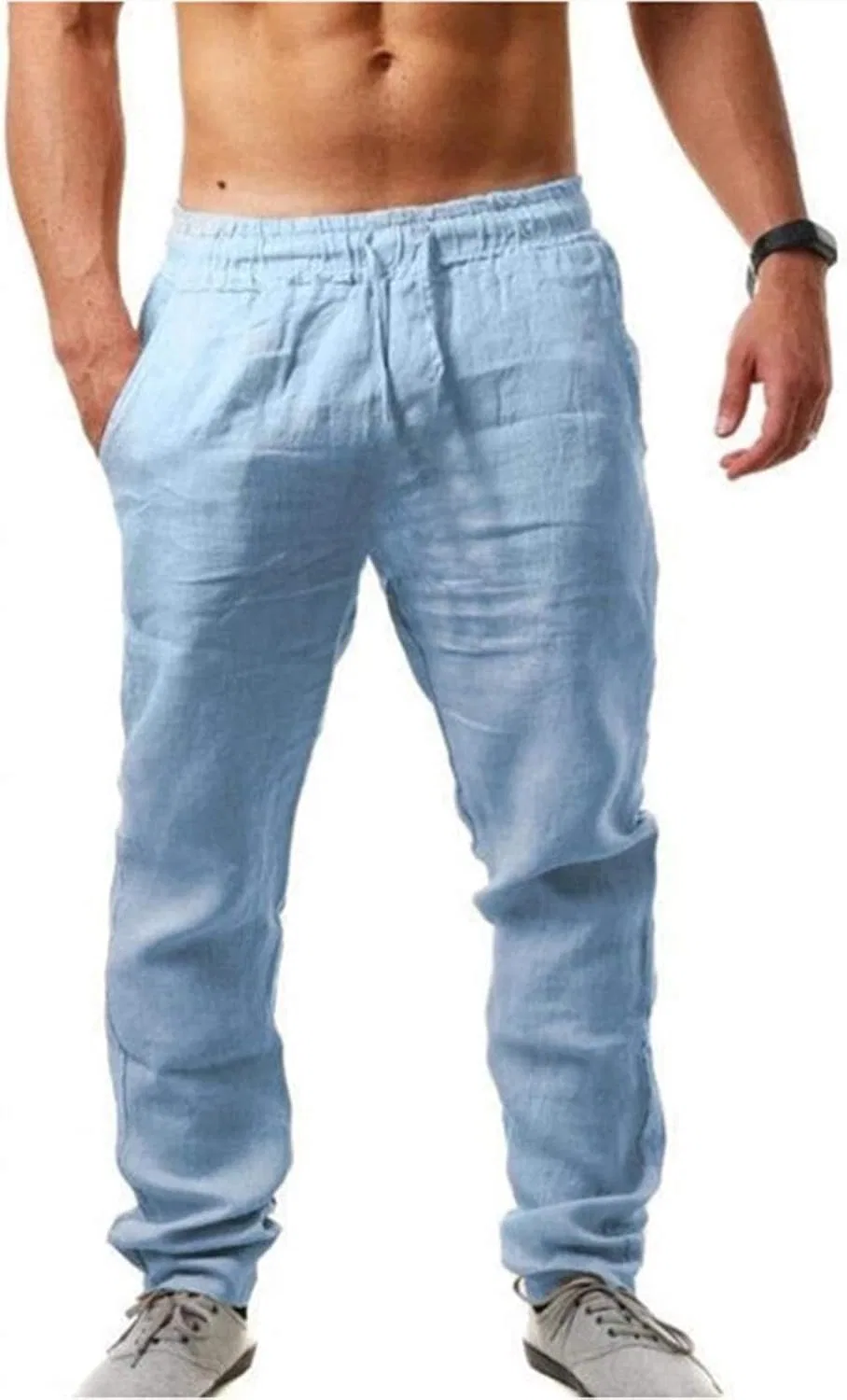 Мужские льняные брюки летние с завязками, Slim Fit, голубой