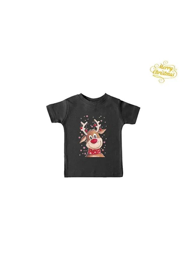 Детская футболка с принтом New year's special cute deer t-shirt design black baby kids t-shirt printed baby girl boy 0-12 years Hediyemania, Black