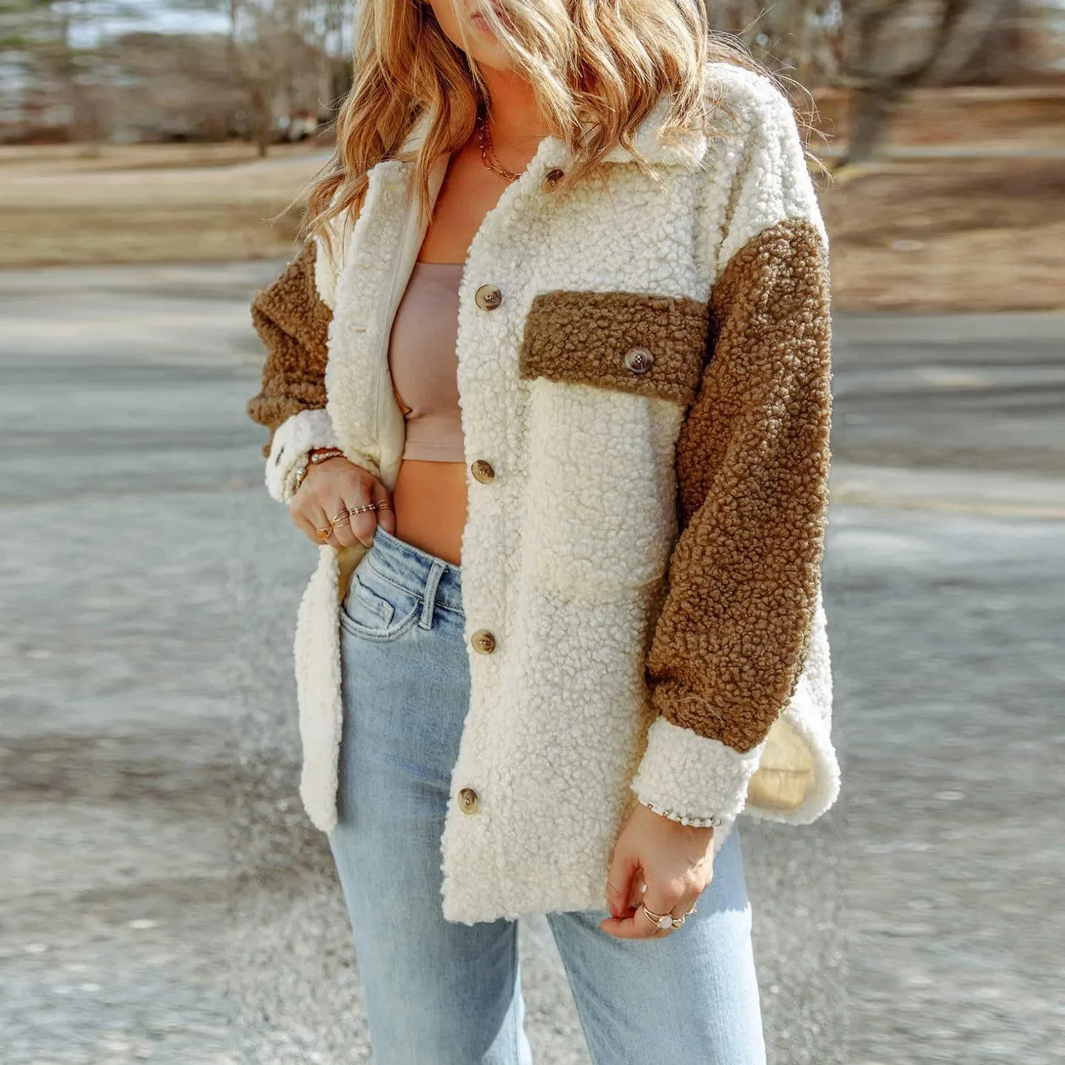 Женское пальто с принтом Women's Fleece Jackets Pea Coat Winter Warm Soft Turn Down Collar Striped Colorblock Fluffy Jacket Long Sleeve Collar Lapel Color Block Patchwork Teddy Cardigan Coats, Marrone — фото 3