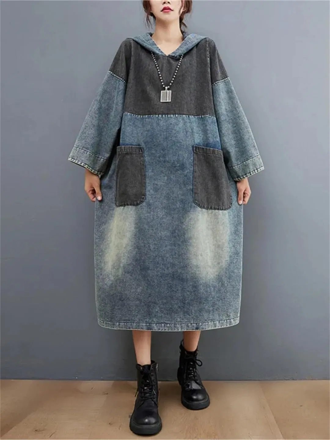 Женское джинсовое платье миди с капюшоном Vintage, Blue — фото 2
