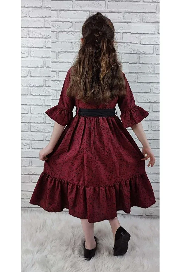 Детское платье для девочек с принтом Vintage Basma Girls' Dress 0299 Mnk, Burgundy — фото 3
