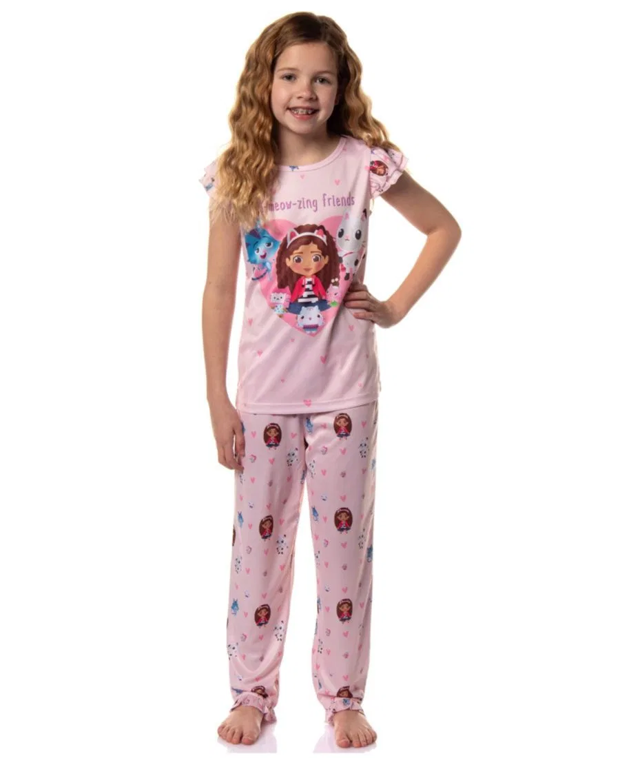 Детский комплект пижамы из атласа с коротким рукавом, с принтом A-Meow-Zing Friends Gabby's Dollhouse, Light Pastel Pink
