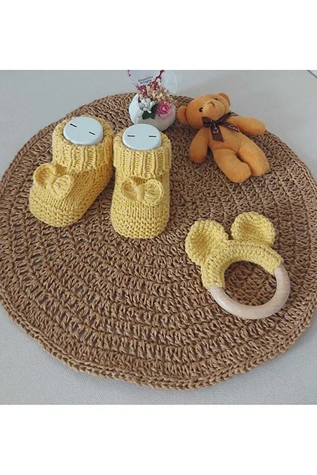 Детские пинетки для новорожденных вязаные с бантом Lemon Yellow Newborn Gift Baby Hand Knitted Acrylic Wool Teether Booties with Bow 0-6 Months Begin, Lemon Yellow
