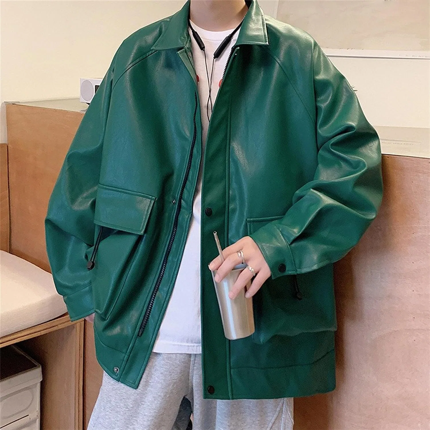Мужское кожаное пальто оверсайз Vintage Baggy Bomber, зелёный — фото 4