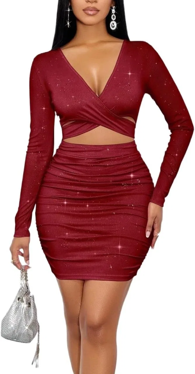 Женское облегающее мини-платье с перекрестным вырезом Bodycon, Burgundy