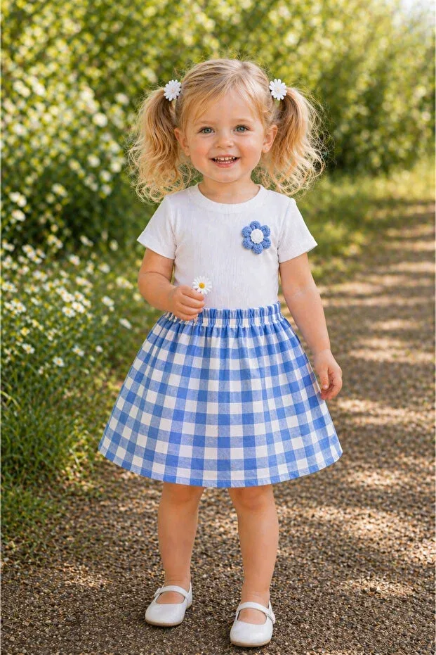 Детский комплект для девочек с принтом Daisy print stretchy camisole bodysuit and waffle plaid skirt 2-piece set Ygz Junior, Bluekose