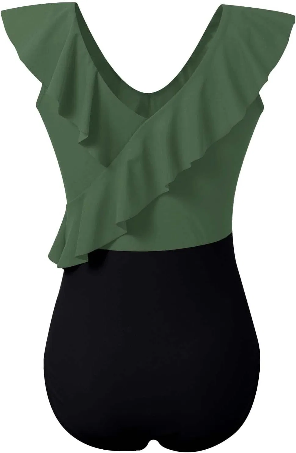 Женский слитный купальник с эффектом утяжки Ruffle V Neck, Army Green — фото 4