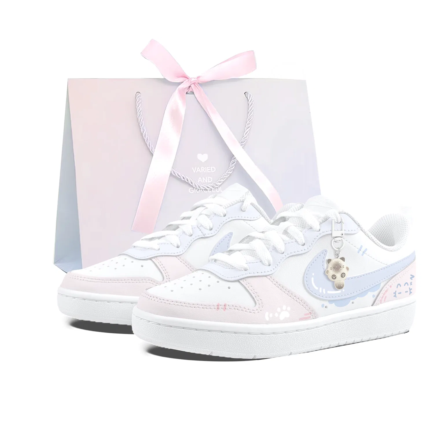 Детские кроссовки для скейтбординга с дизайном «Котенок» Nike Court Borough 2, Pink Blue